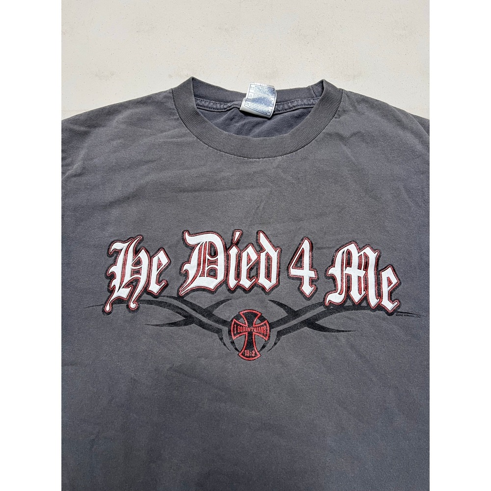 Alstyle T-Shirt Mens Small Charcoal He Died 4 Me Religious Gothic Tribal Y2K Tee